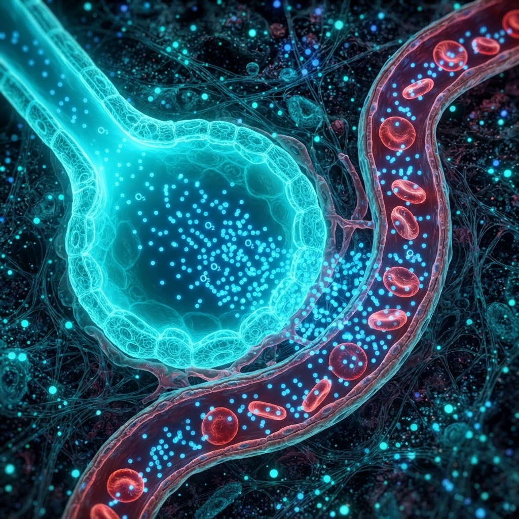 Microscopic oxygen exchange between the lungs and blood