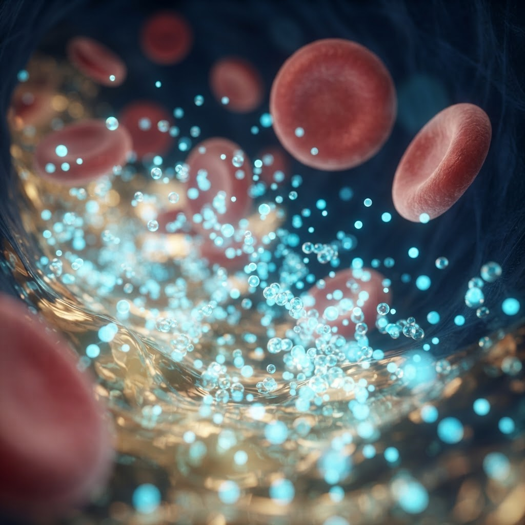 Red blood cells with oxygen dissolving into the surrounding plasma