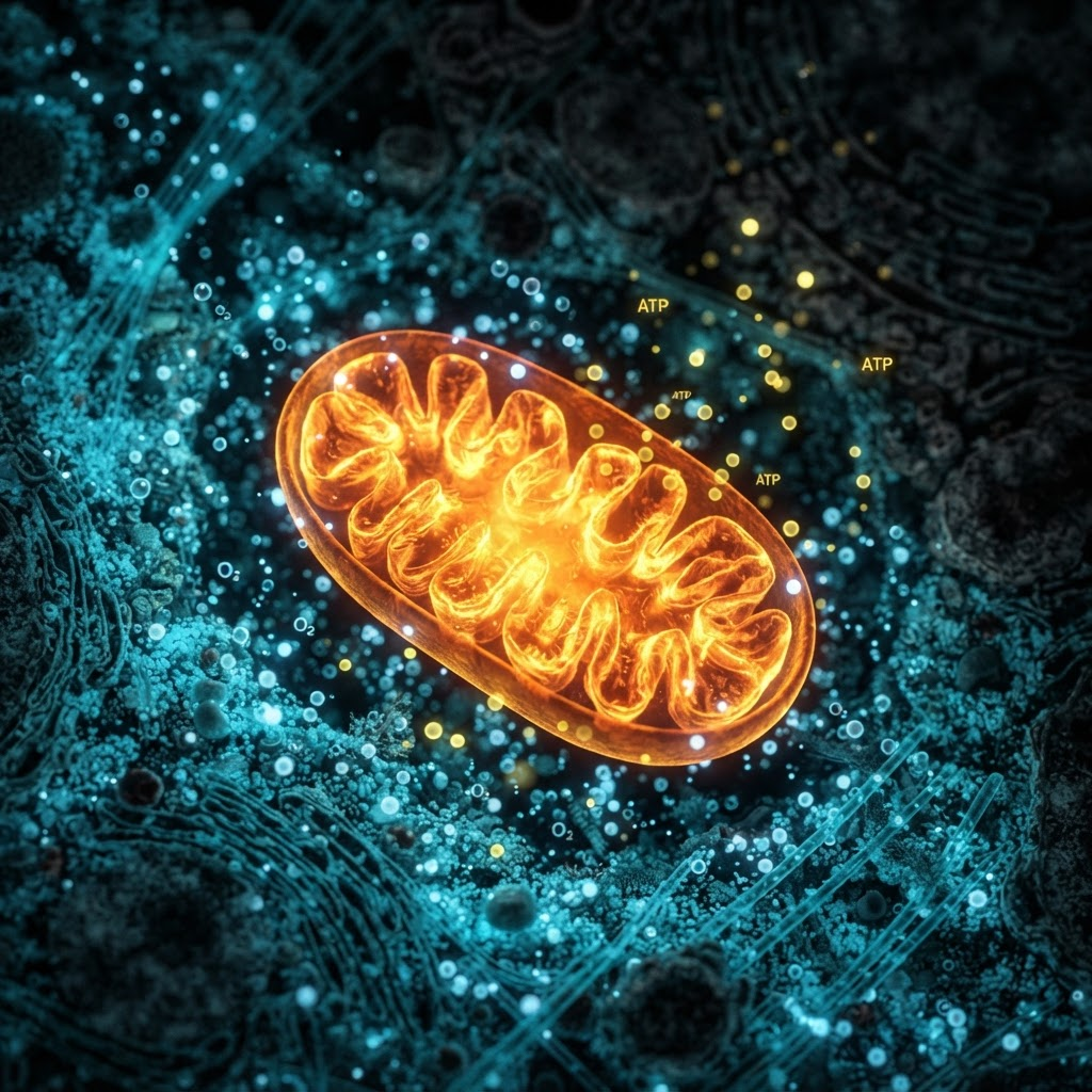 A mitochondrion inside a cell producing energy from oxygen